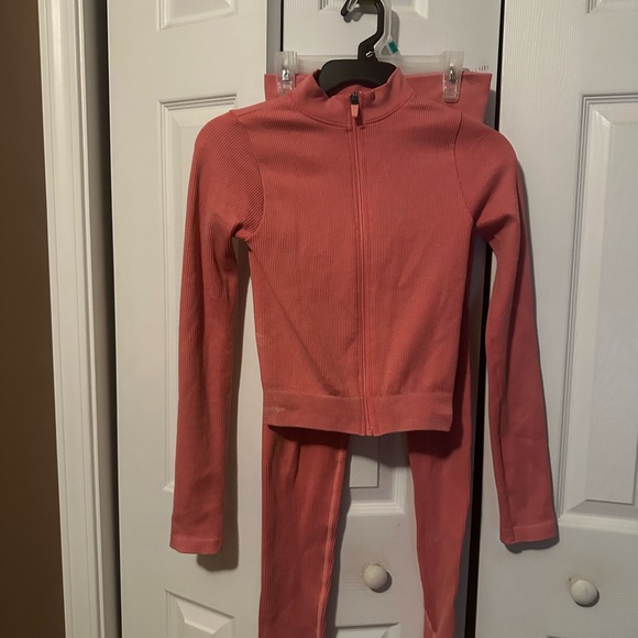 Pants - Pink Ribbed Zip-Up Top and Pants Set